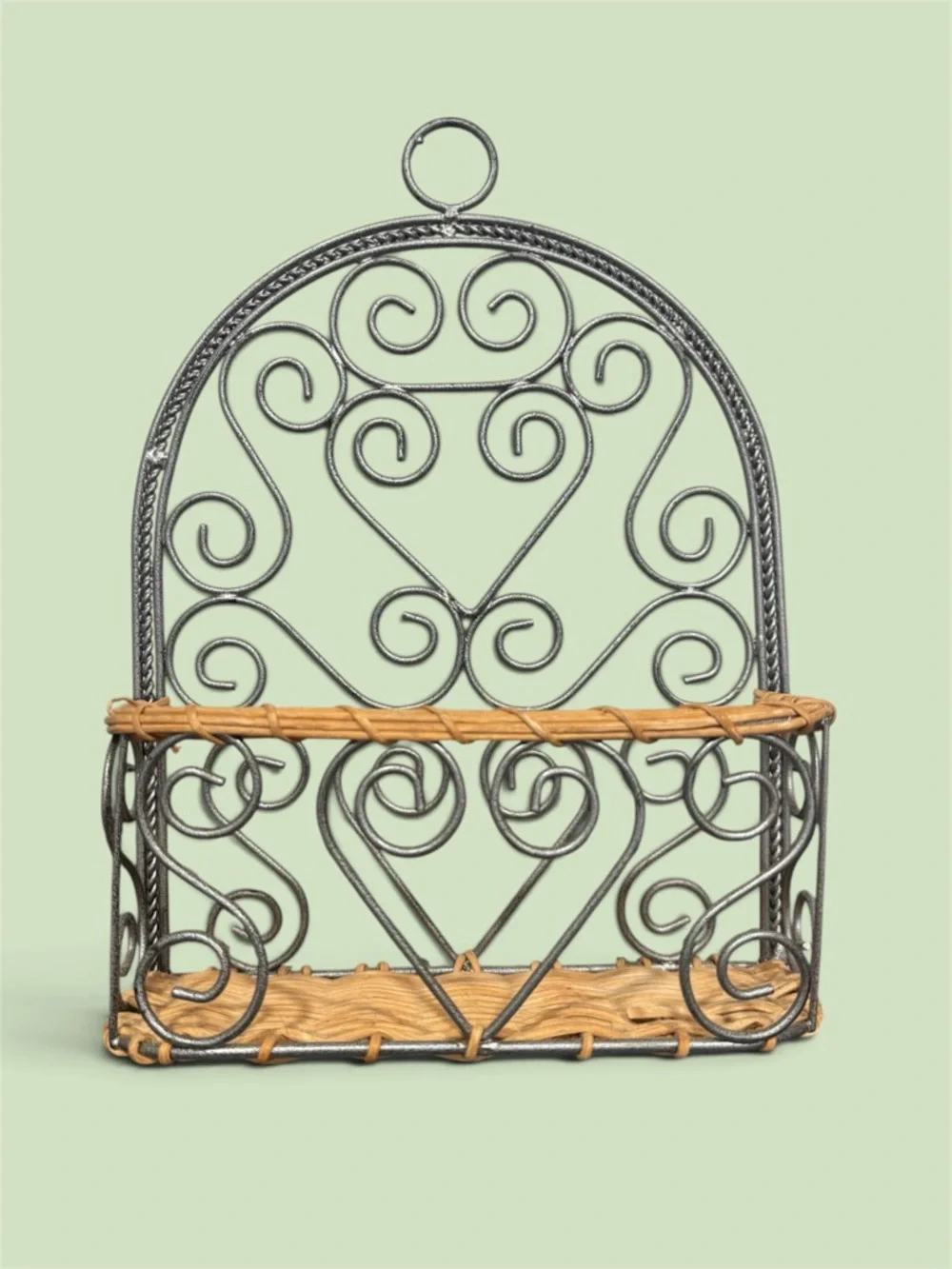 Ornate Metal Wall Basket with Woven Accent - Home Wall Decor